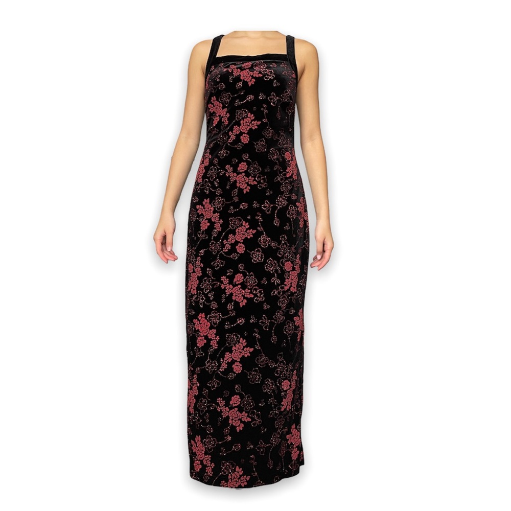 black velvet maxi dress with red glitter florals